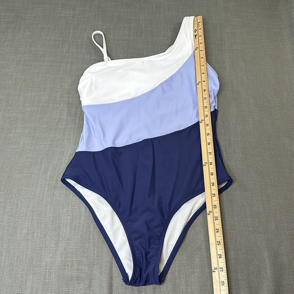 Cupshe Swimsuit Wm Medium Blue White Purple Stripe One Shoulder One Piece - Picture 14 of 14